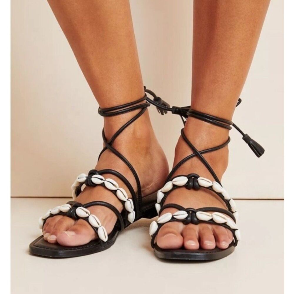 Anthropologie Puka Shell Cowrie Shell  Ankle Tie Lace Up Wrap Sandals 7M